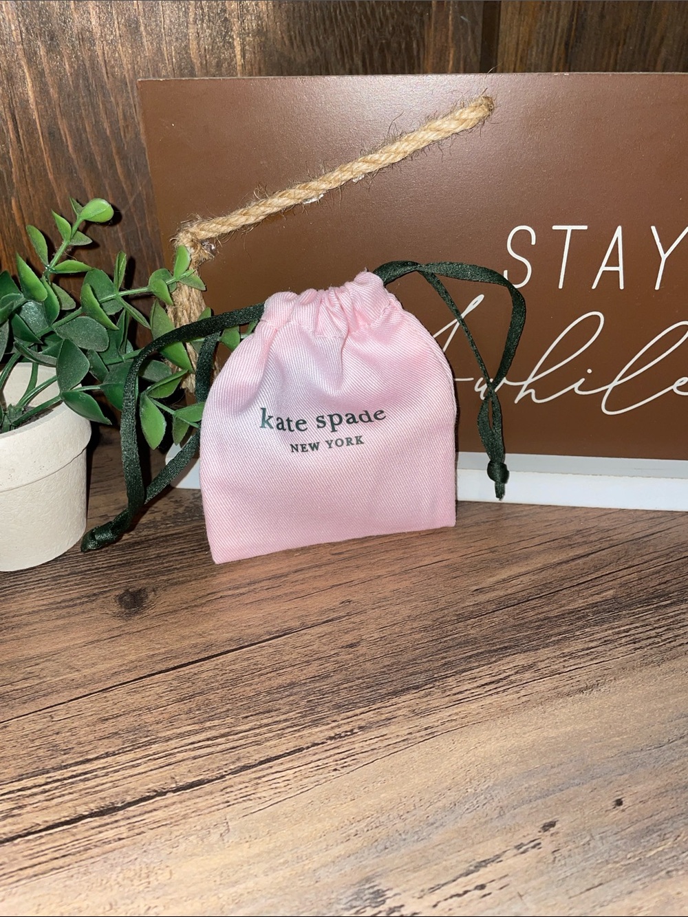 Kate Spade Pink Mini Dust Bag Jewelry Drawstring Pouch with Dark Green Ribbon